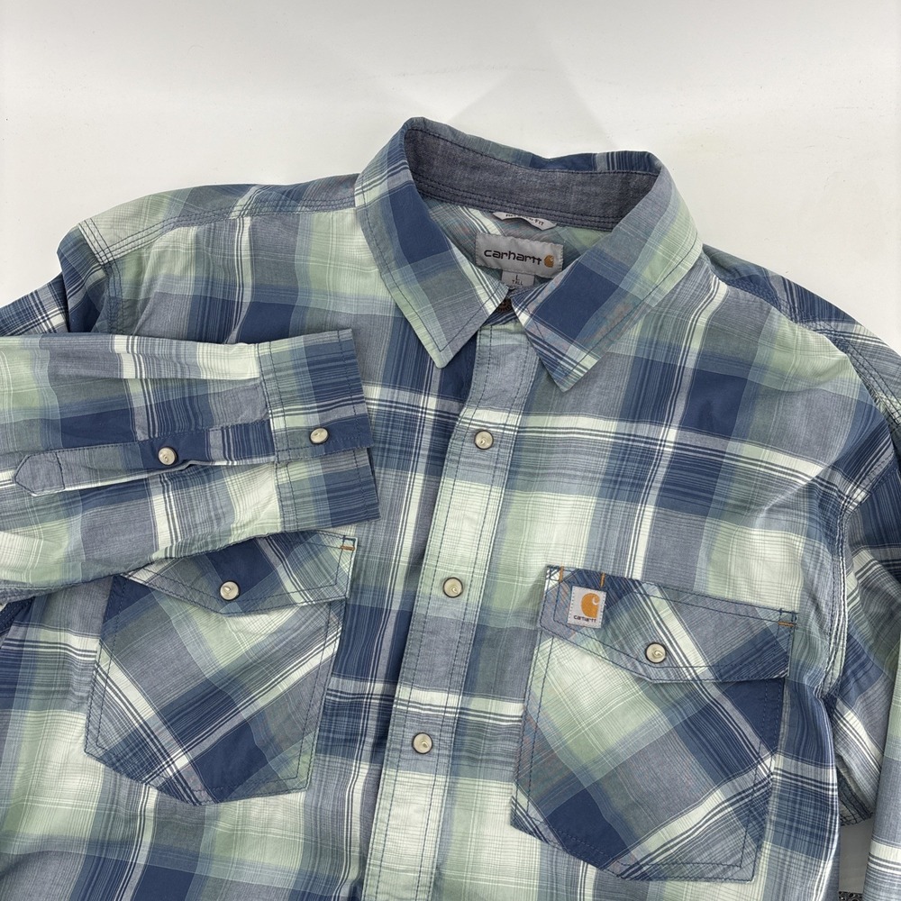 Carhartt Pearl Snap Shirt Mens Large Tall Blue Plaid Relaxed Fit Long Sleeve